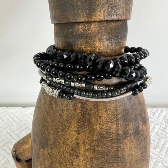 Vintage Lot Black Silver Tone Beaded Layered Statement Bracelets Boho Grunge - Picture 3 of 9
